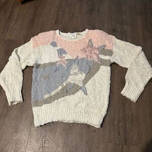 Vintage 80s Needles and Yarn Sweater Grandma Pastel Floral Appliqué Knit Size S